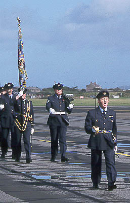 Flt Lt 'Bertie' Archer, Acting CO 74(R) Sq, leads the disbandment parade at Valley